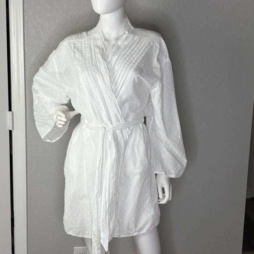 Shabby Chic Robe 100% Cotton Pintuck Pleats Eyelet Lace Cottagecore White Size L